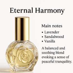 Elegant Eternal Harmony perfume bottle with gold cap, representing a balanced, soothing fragrance for everyday wear.
