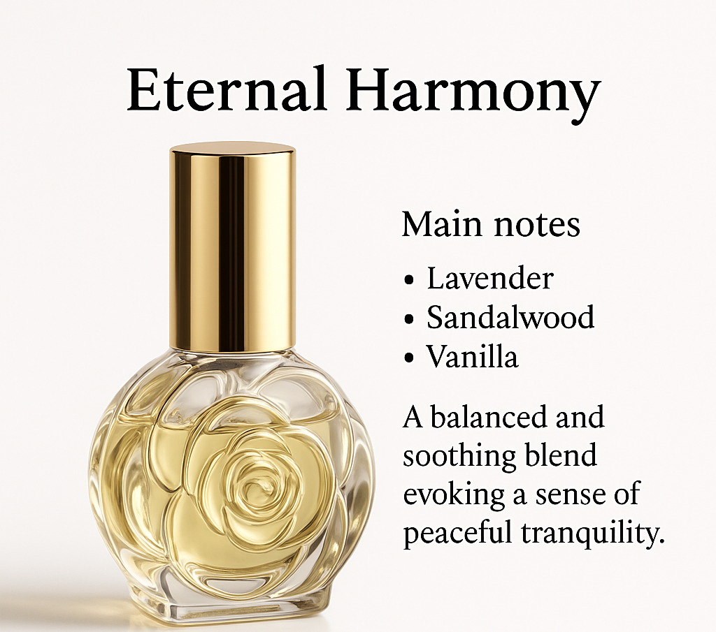 Elegant Eternal Harmony perfume bottle with gold cap, representing a balanced, soothing fragrance for everyday wear.