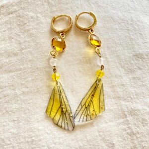 Yellow Golden Butterfly and Jewels long dangle earrings, fairy jewelry