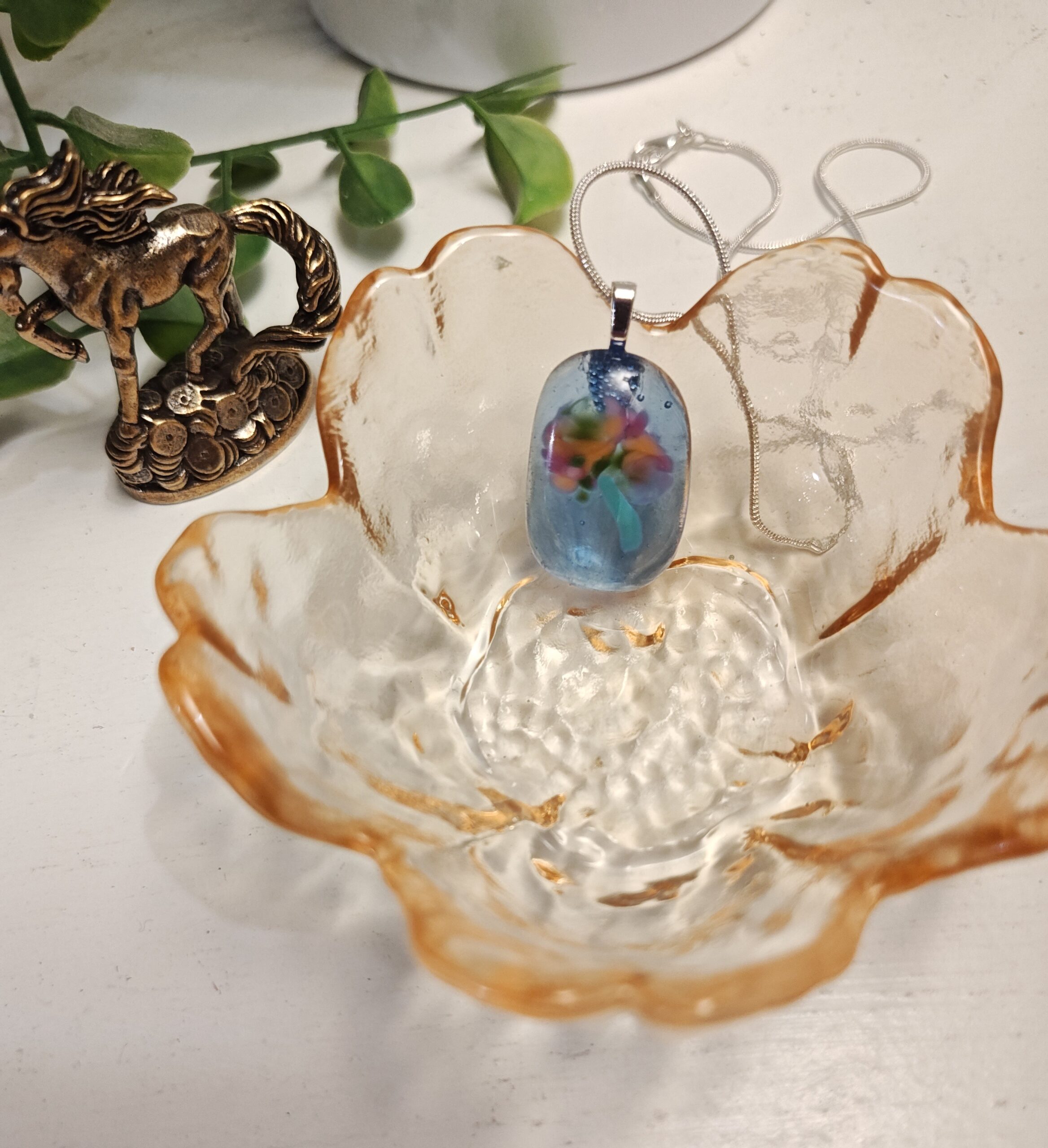 Blue with pink and orange abstract flower pendant necklace, artisan one of a kind handmade jewelry - Image 2