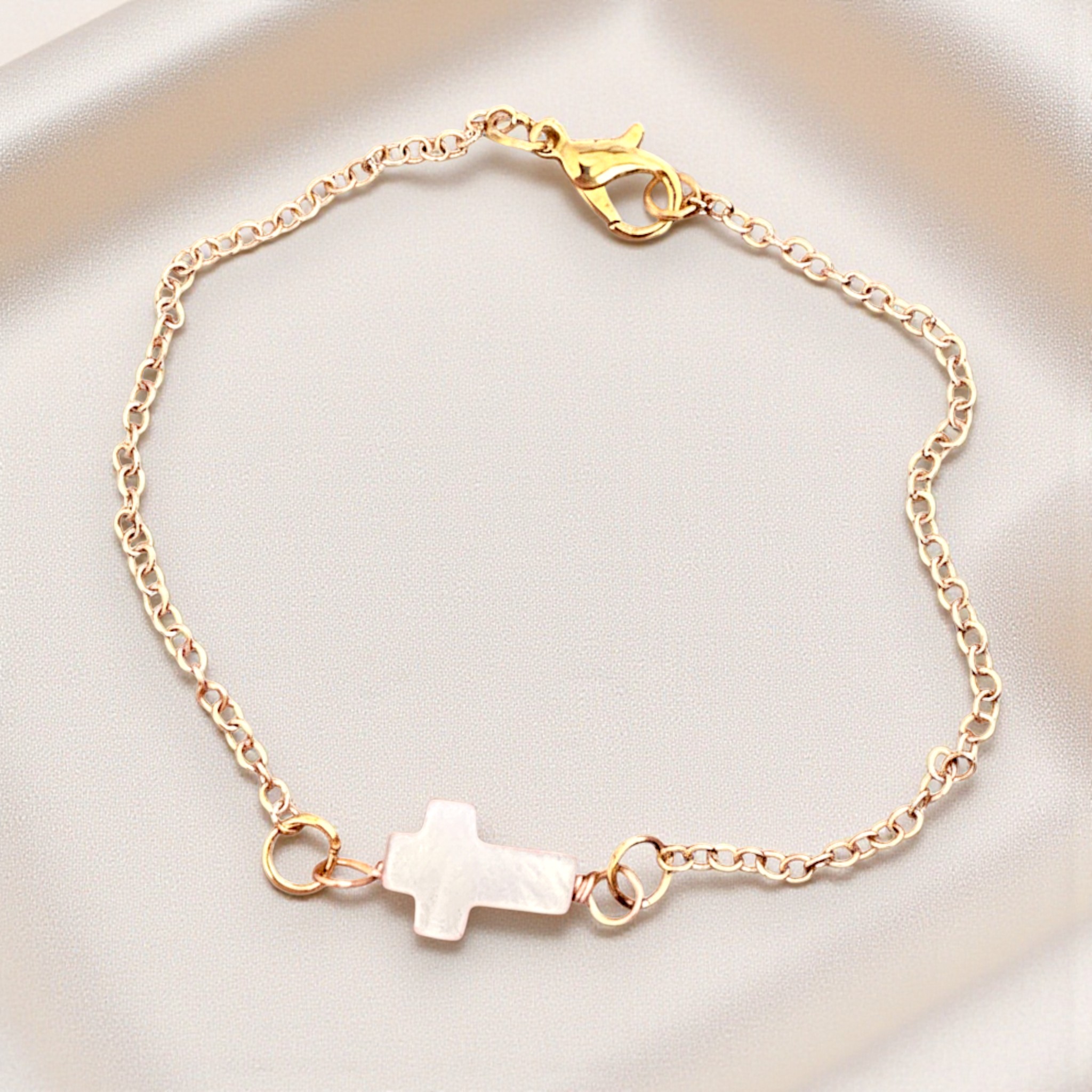 14K gold filled chain bracelet with freshwater pearl cross