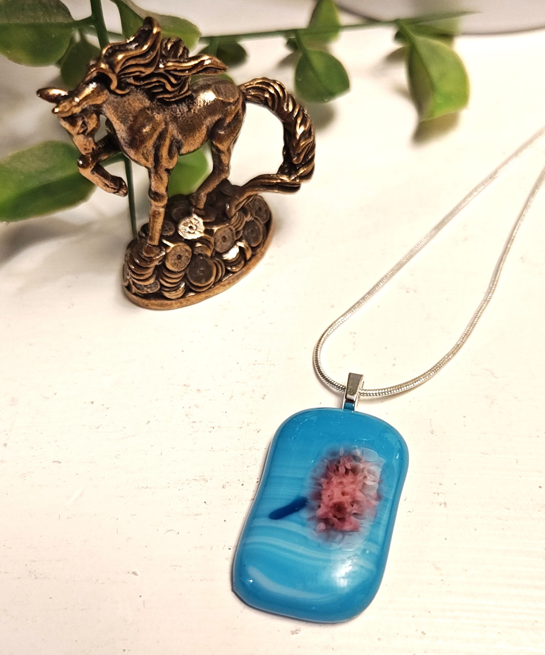 Handmade Sky Blue and Abstract Pink Flower Pendant Necklace, Unique artisan Jewelry - Image 3