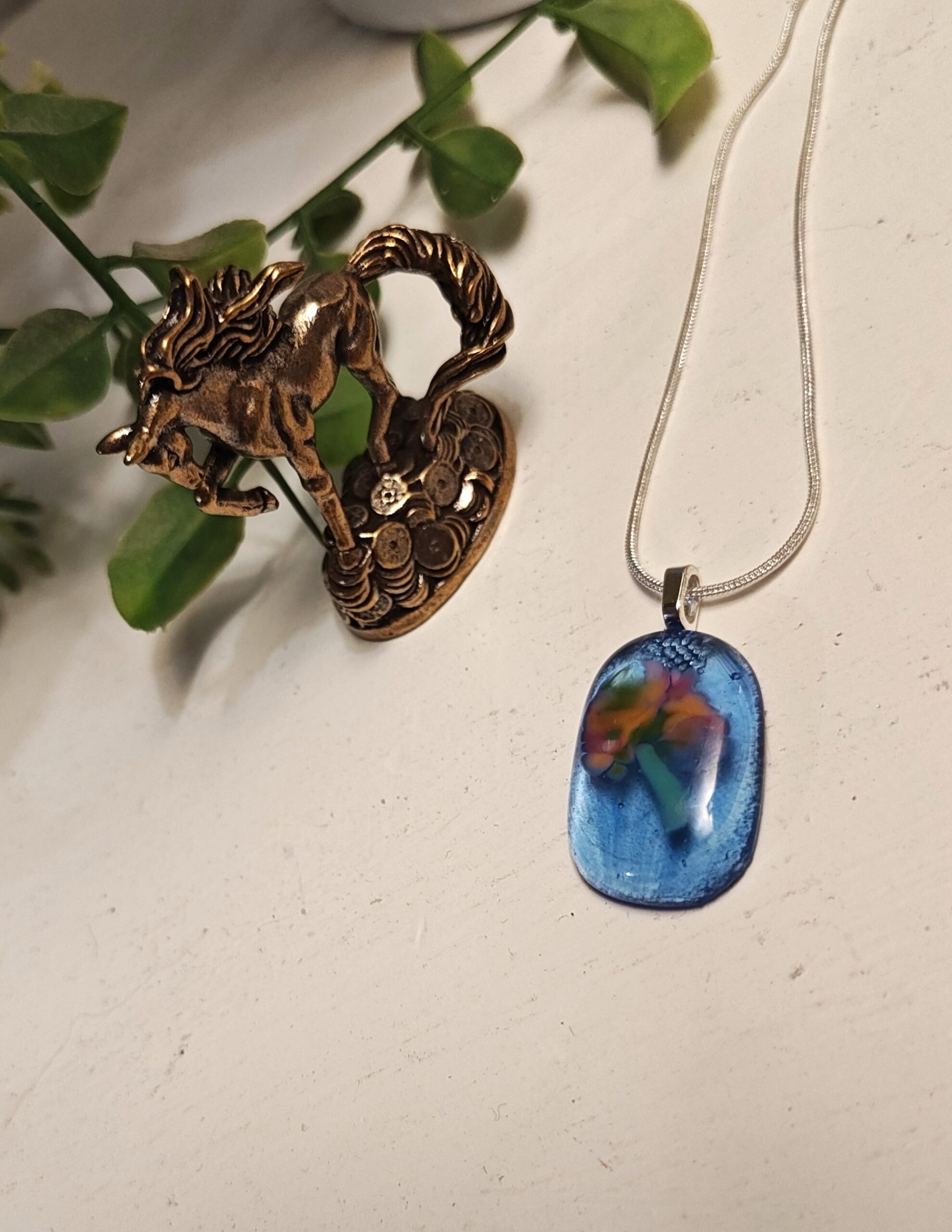 Blue with pink and orange abstract flower pendant necklace, artisan one of a kind handmade jewelry - Image 4