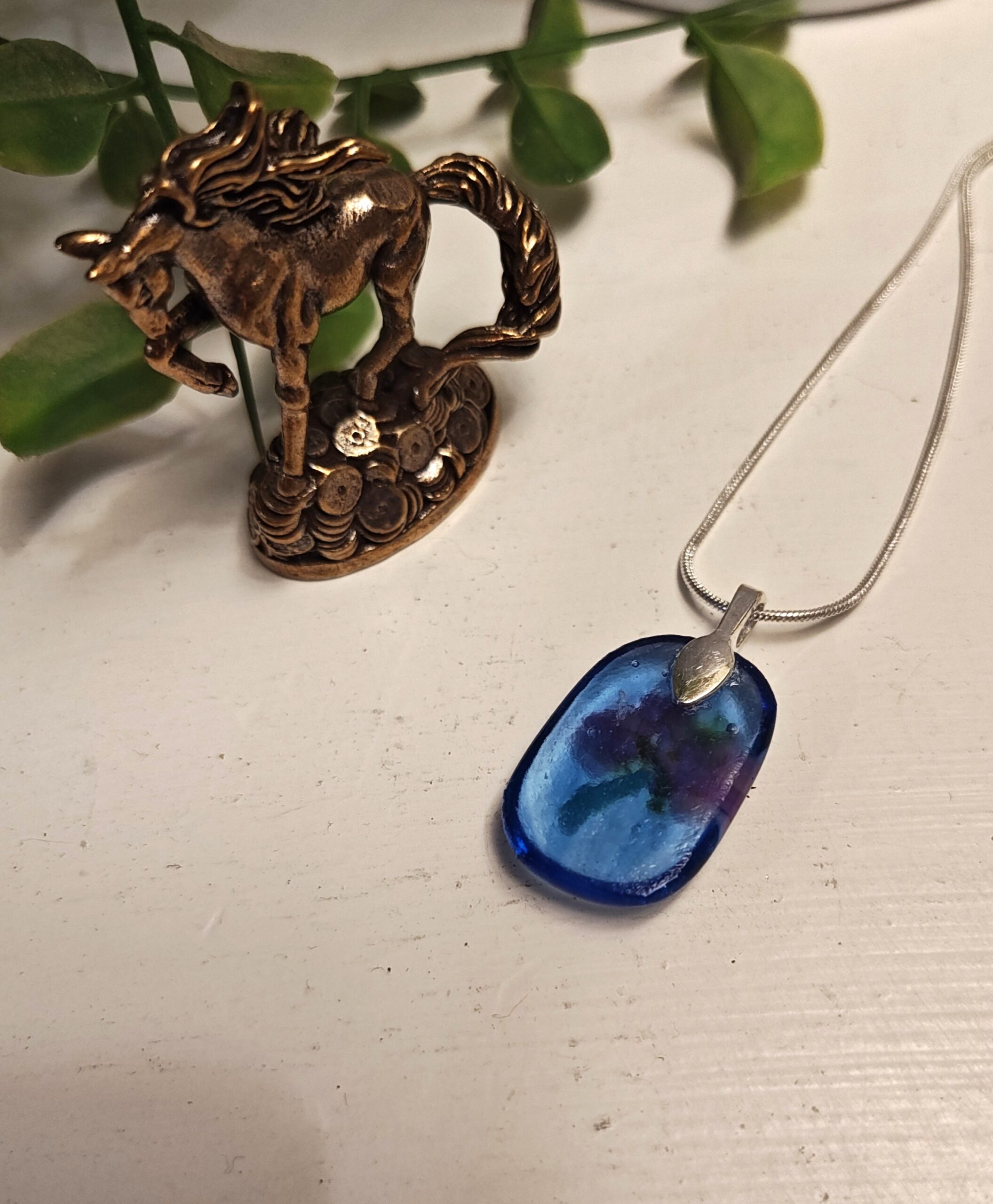 Blue with pink and orange abstract flower pendant necklace, artisan one of a kind handmade jewelry - Image 5