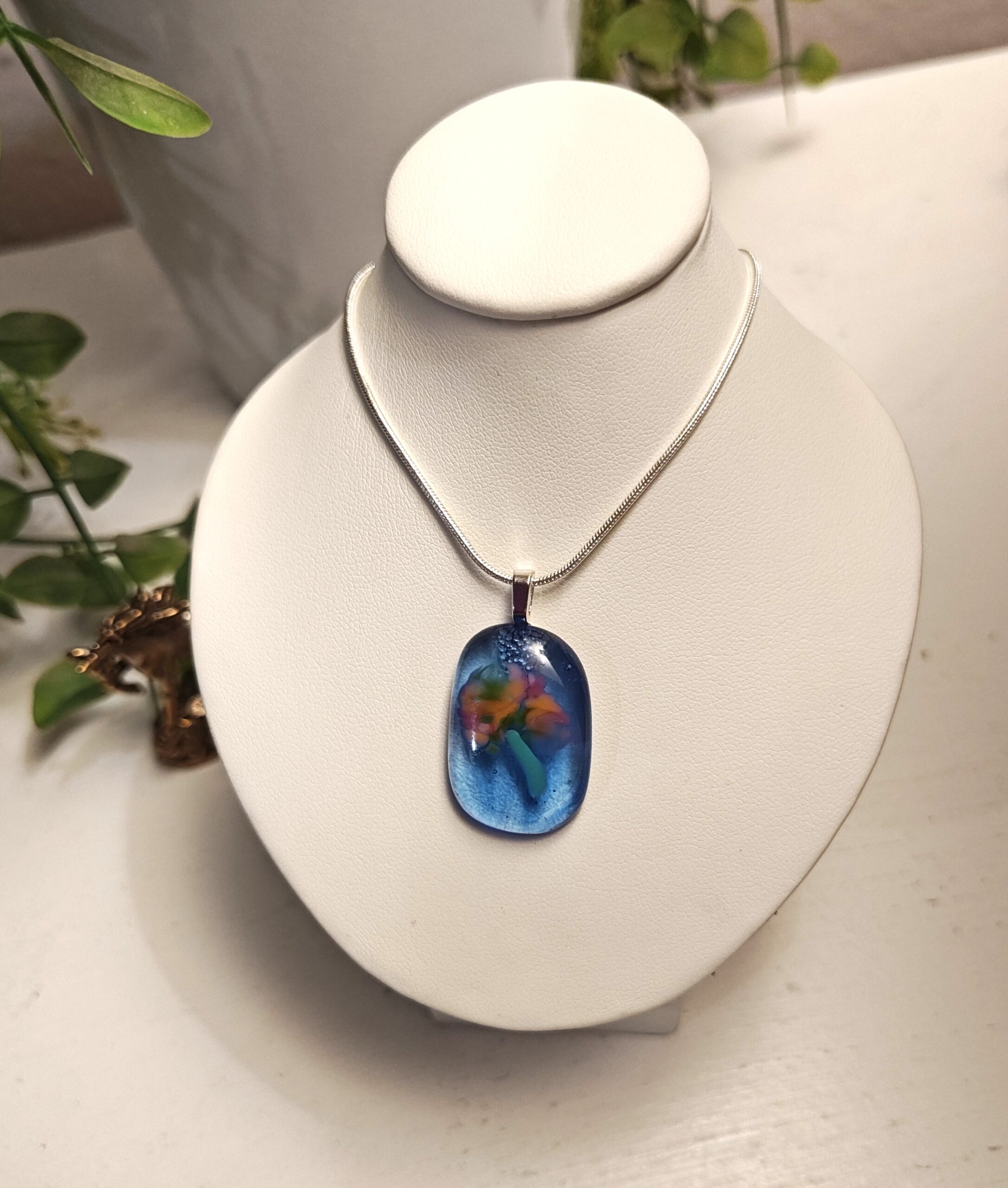 Blue with pink and orange abstract flower pendant necklace, artisan one of a kind handmade jewelry - Image 3