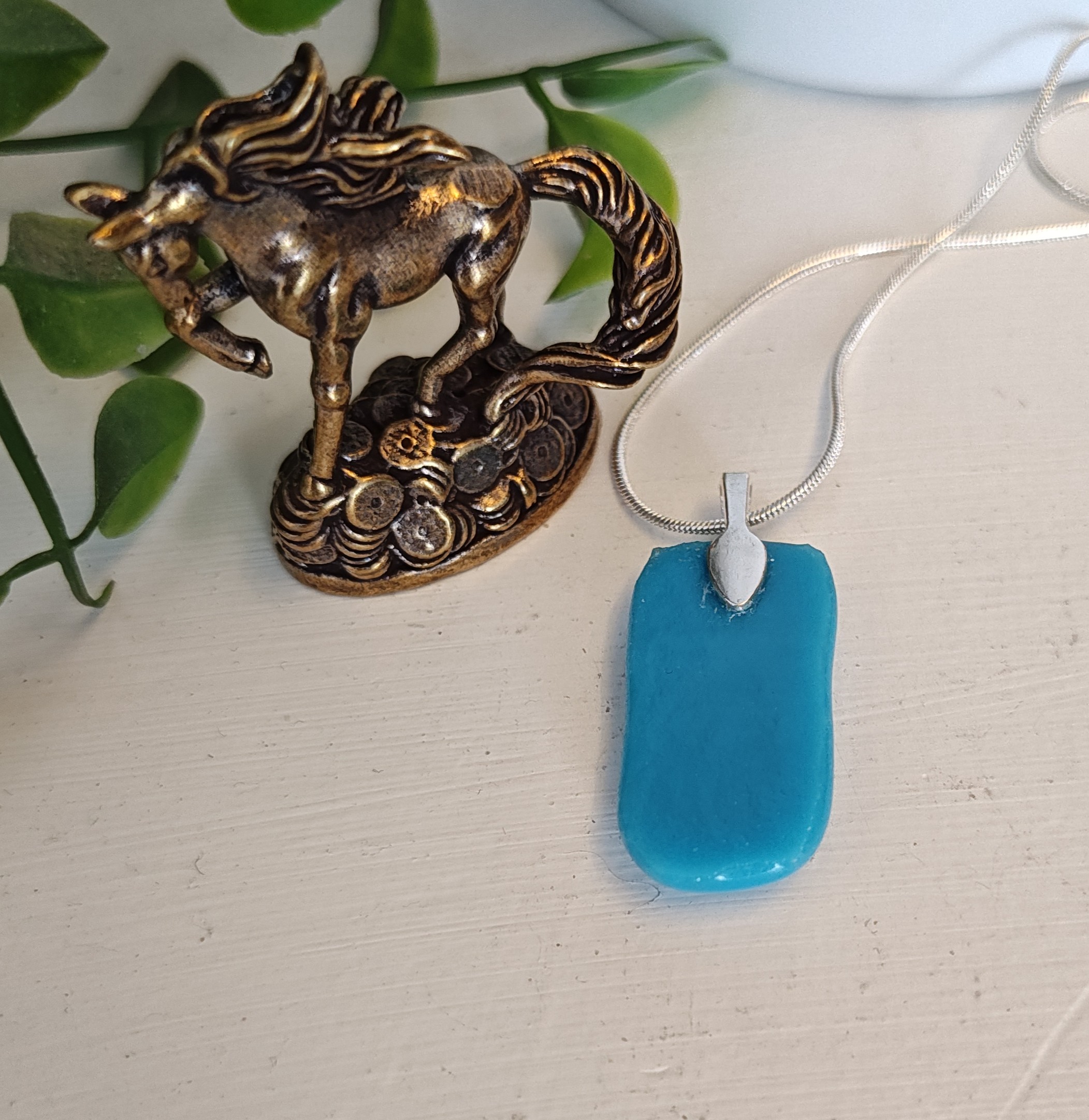 Sky blue, white with pink abstract flower artisan pendant necklace, One of a kind handmade jewelry - Image 5