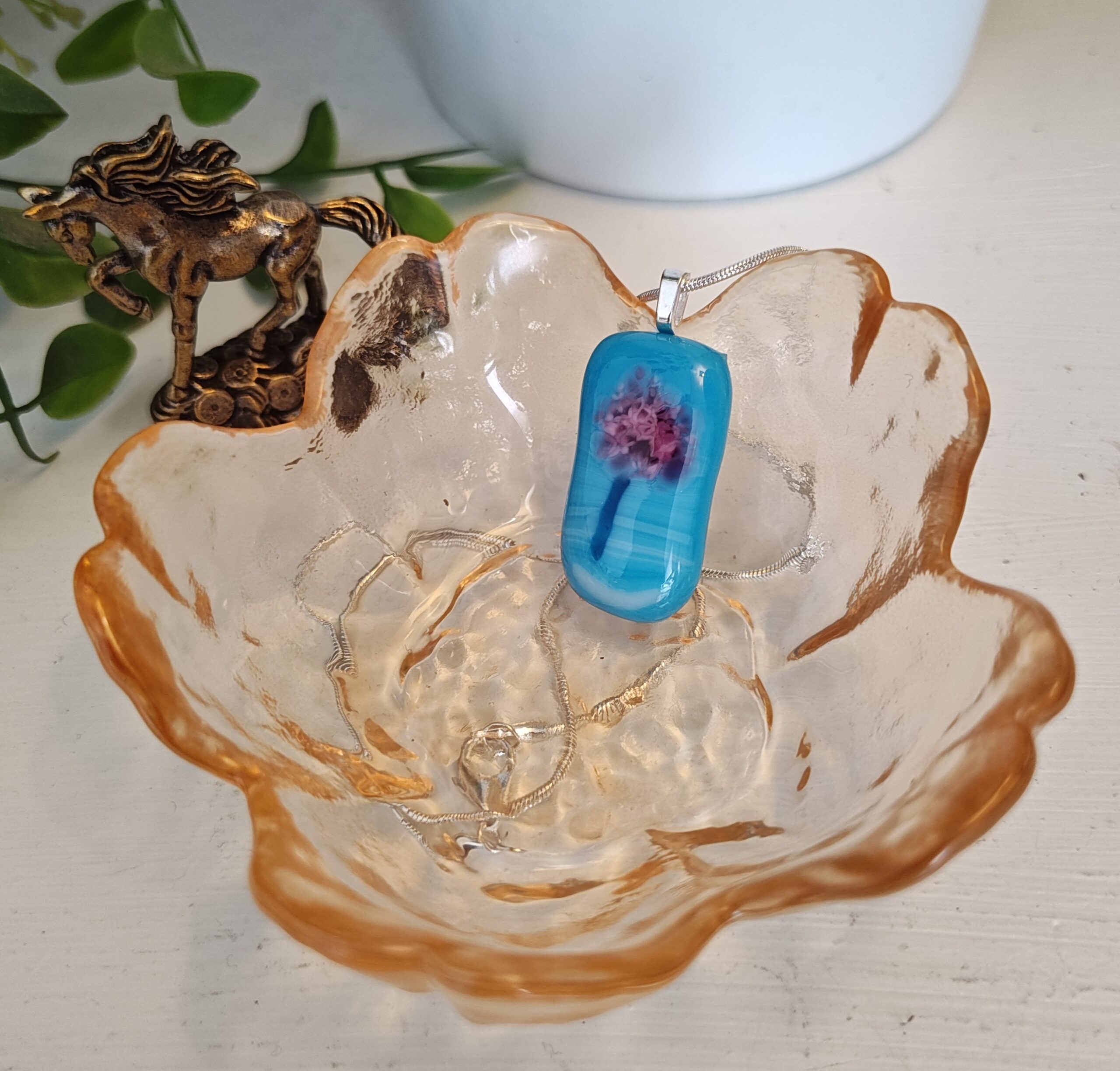 Sky blue, white with pink abstract flower artisan pendant necklace, One of a kind handmade jewelry - Image 3