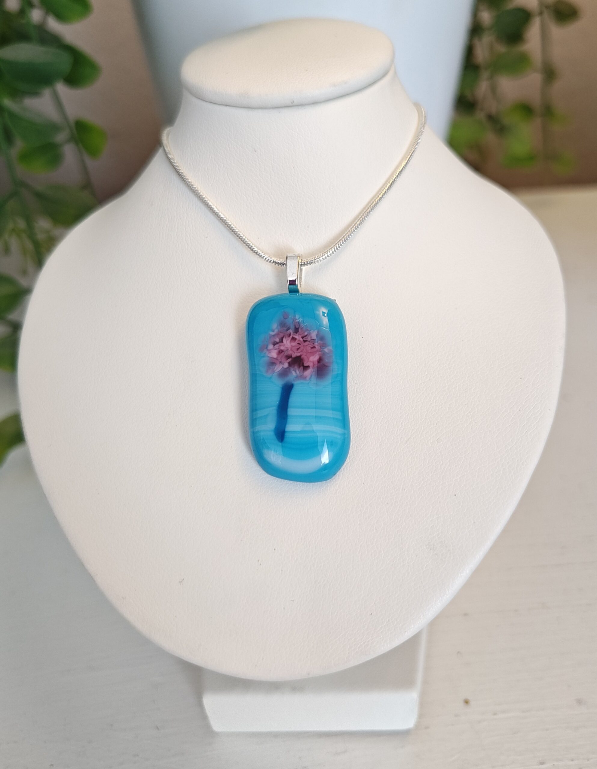 Sky blue, white with pink abstract flower artisan pendant necklace, One of a kind handmade jewelry - Image 2