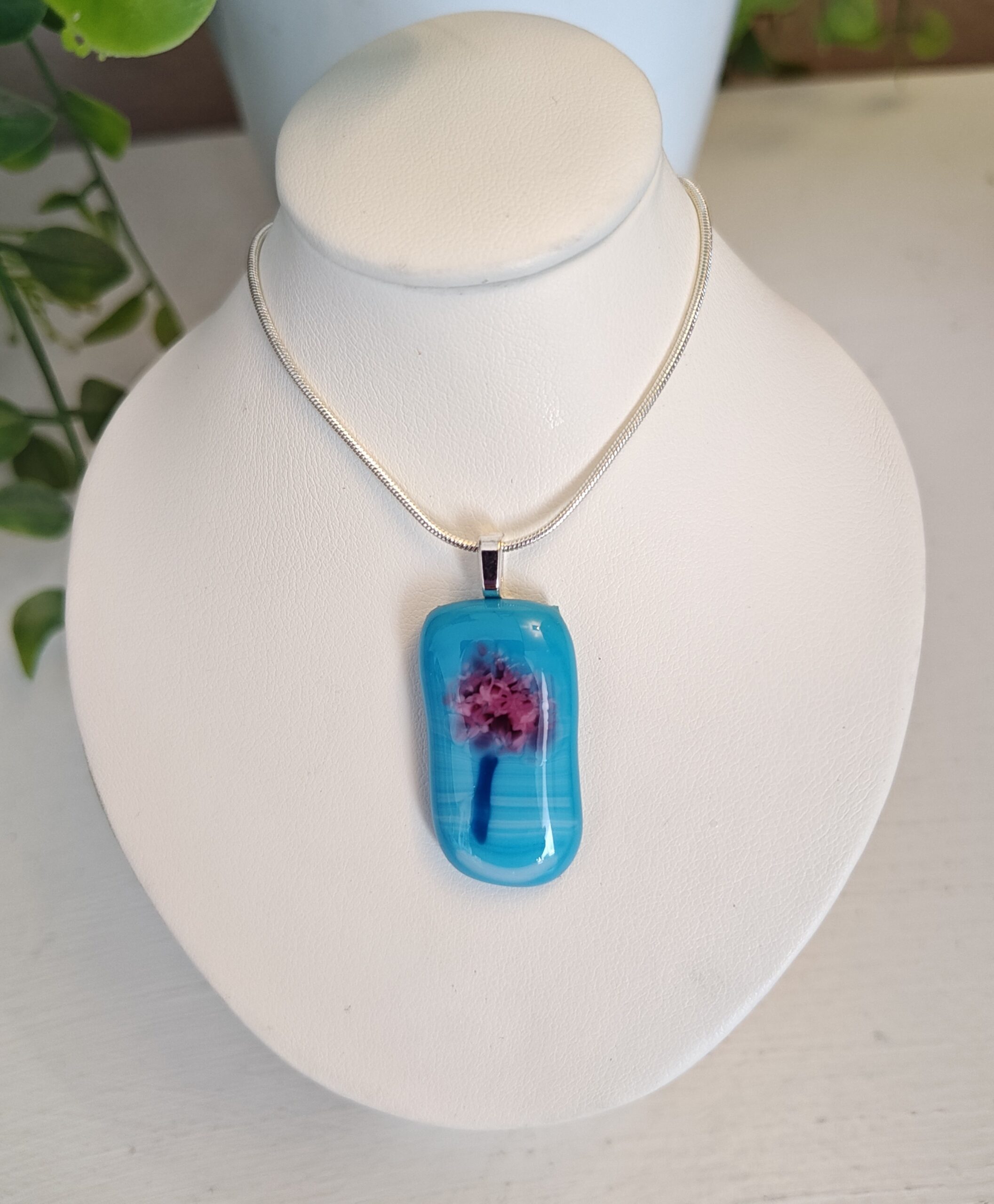 Sky blue, white with pink abstract flower artisan pendant necklace, One of a kind handmade jewelry - Image 4