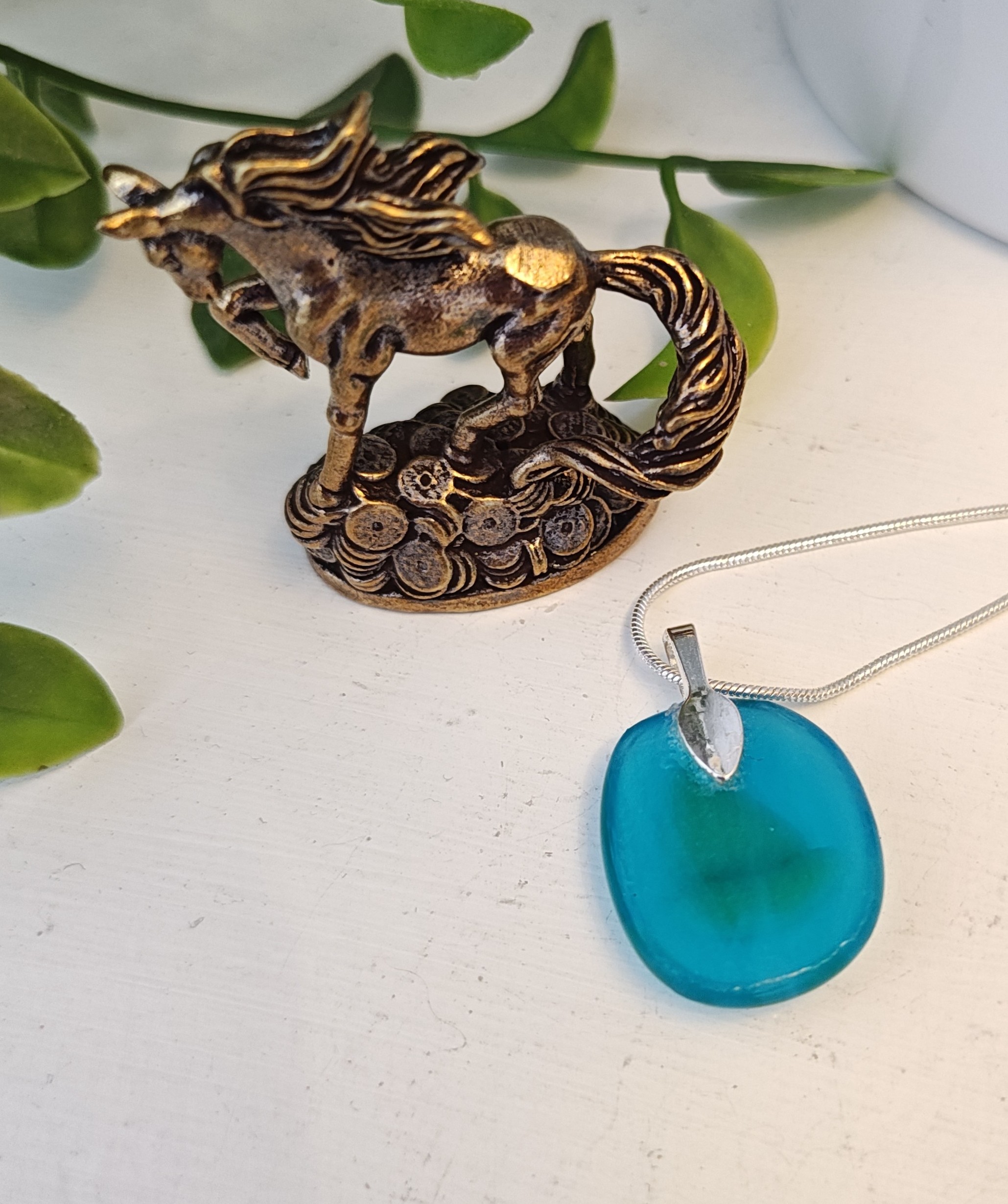 Bright blue and chartreuse handmade abstract sailboat pendant necklace, Artisan one of a kind jewelry - Image 5