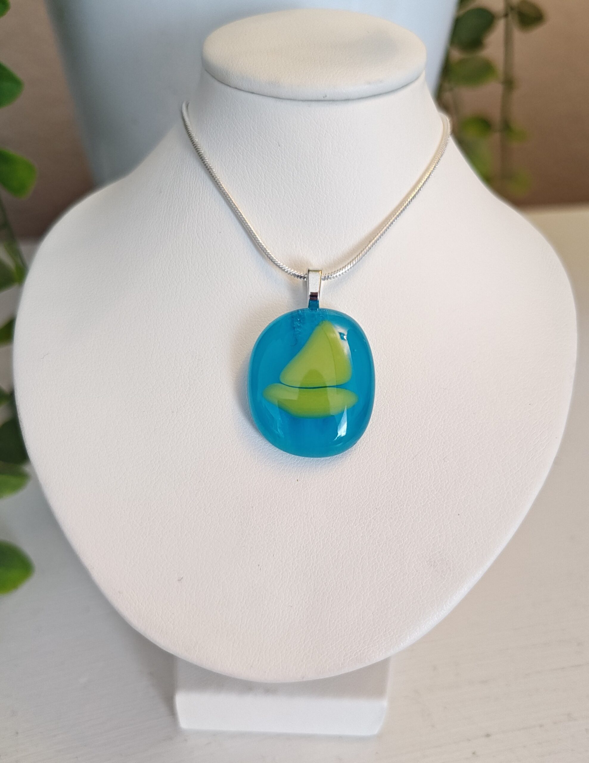 Bright blue and chartreuse handmade abstract sailboat pendant necklace, Artisan one of a kind jewelry - Image 2
