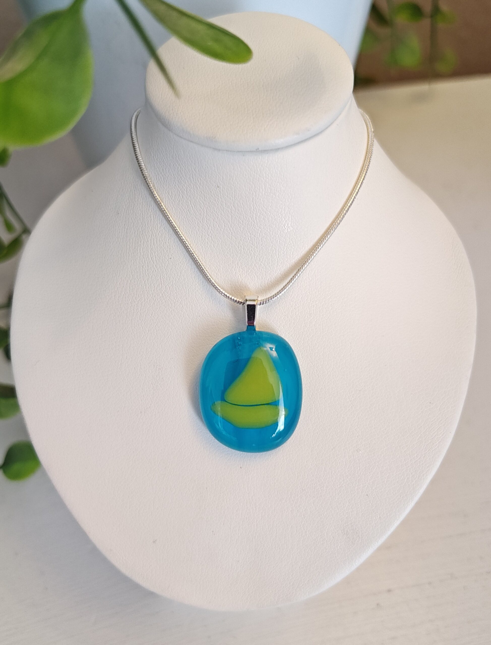 Bright blue and chartreuse handmade abstract sailboat pendant necklace, Artisan one of a kind jewelry - Image 4