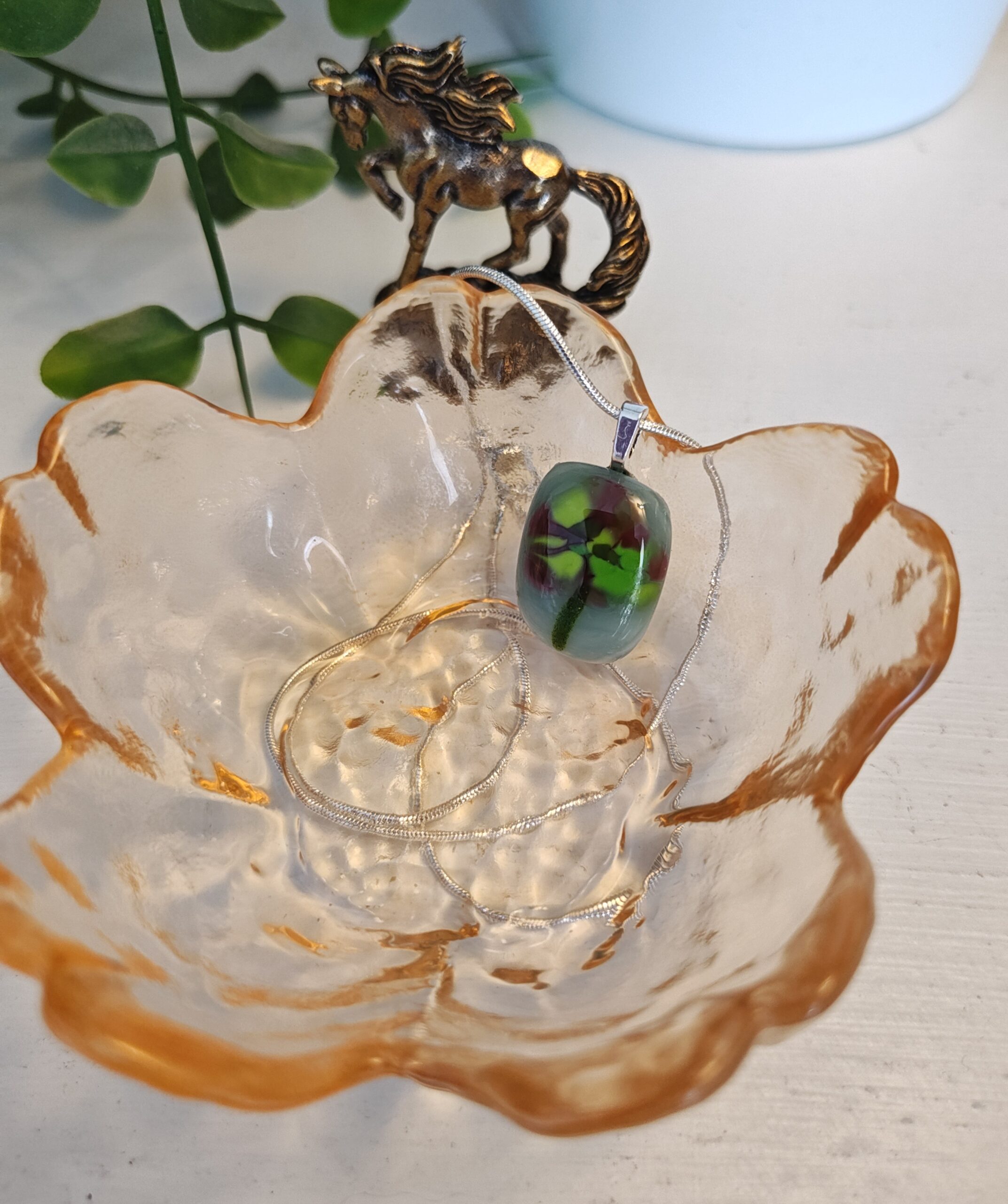 Fused Glass Flower Pendant Necklace, Green Chartreuse and Burgundy Handmade Jewelry - Image 3