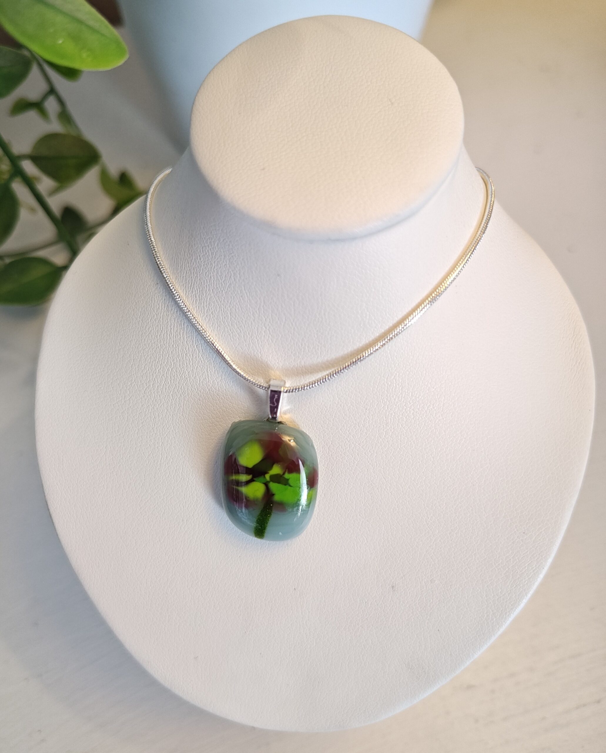 Fused Glass Flower Pendant Necklace, Green Chartreuse and Burgundy Handmade Jewelry - Image 4