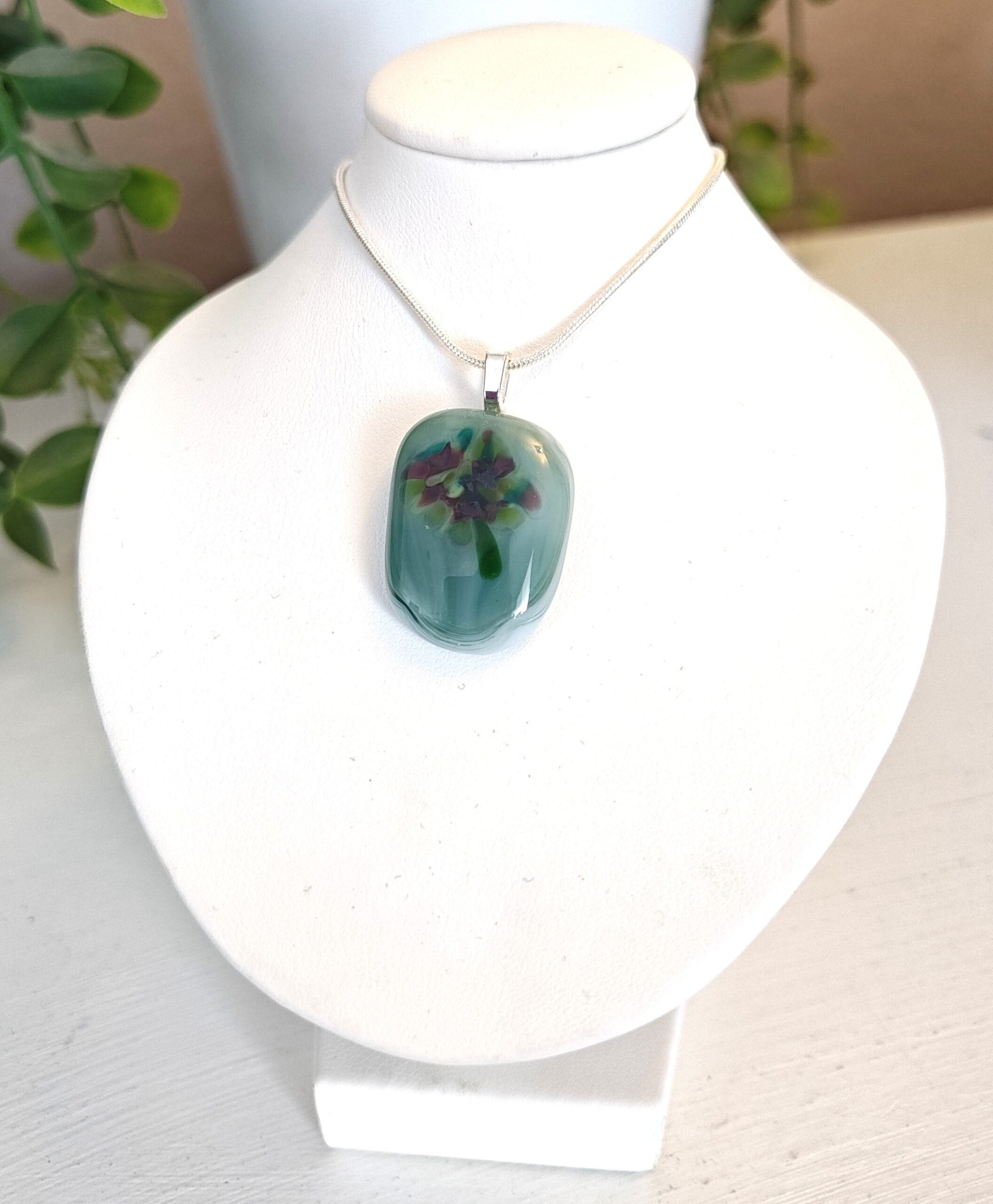 Green with burgundy & lime green abstract flower pendant necklace, One of a kind handmade casual jewelry - Image 2