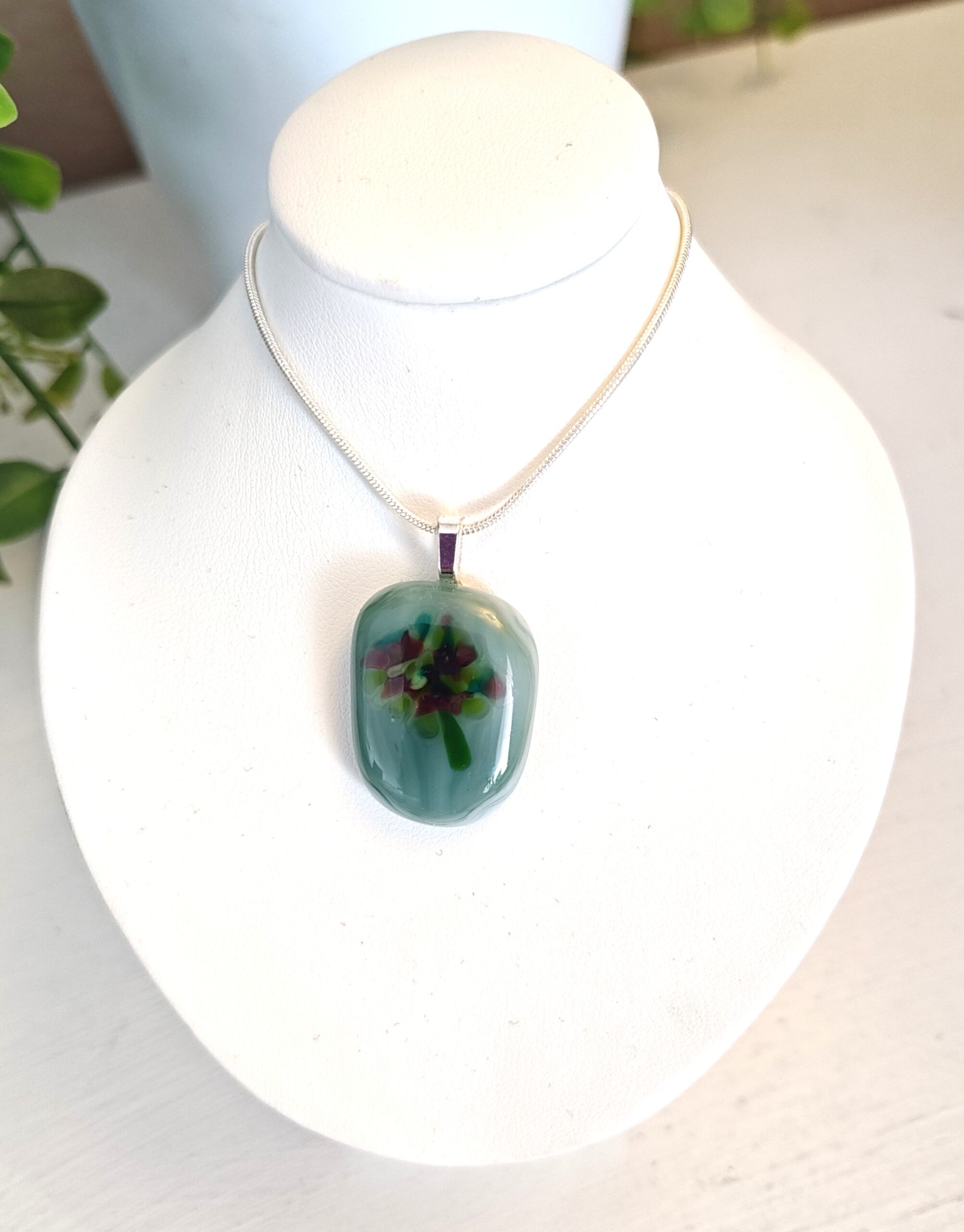 Green with burgundy & lime green abstract flower pendant necklace, One of a kind handmade casual jewelry - Image 4