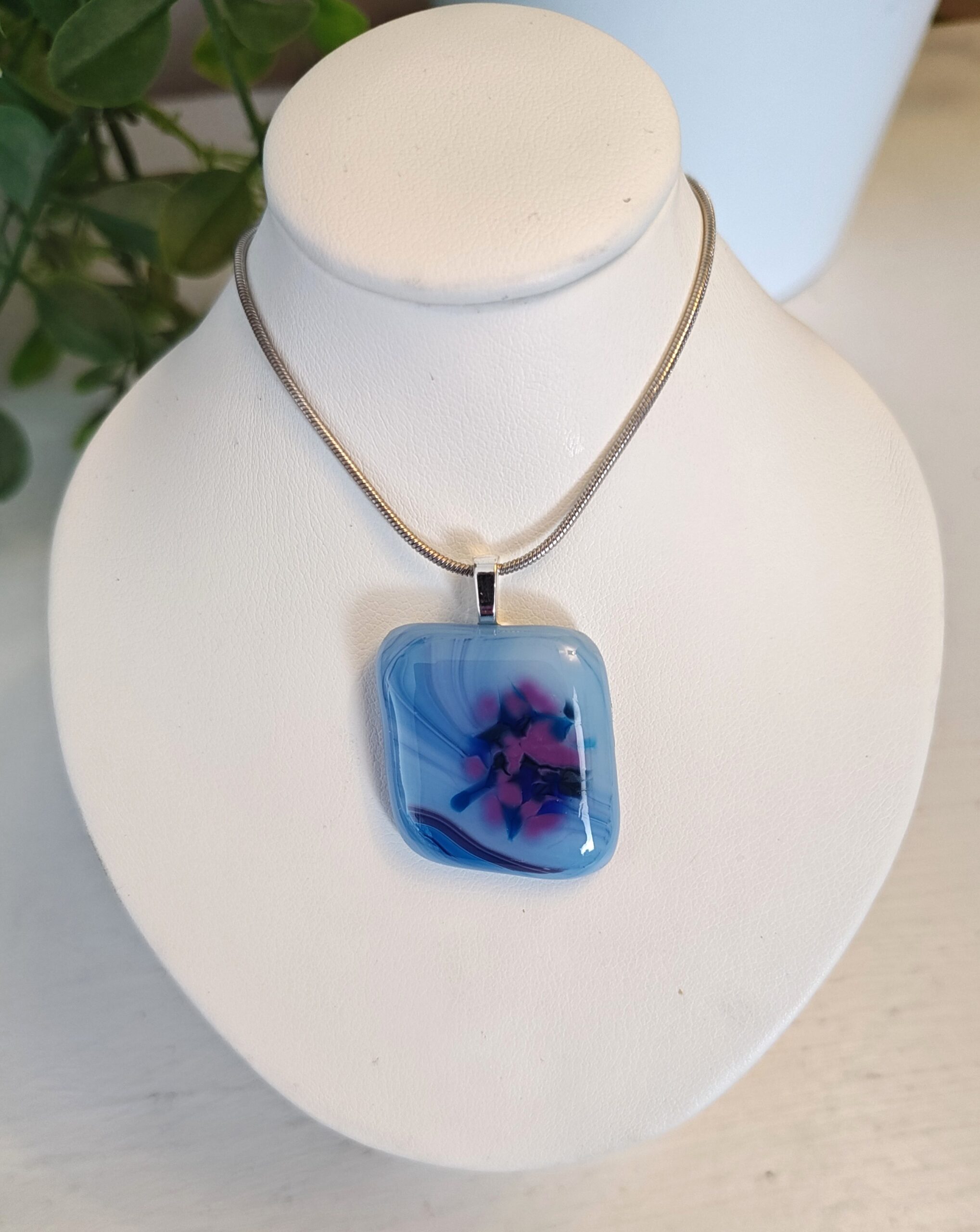 Swirled purple & blue artisan handmade pendant necklace, one of a kind fused glass jewelry - Image 2