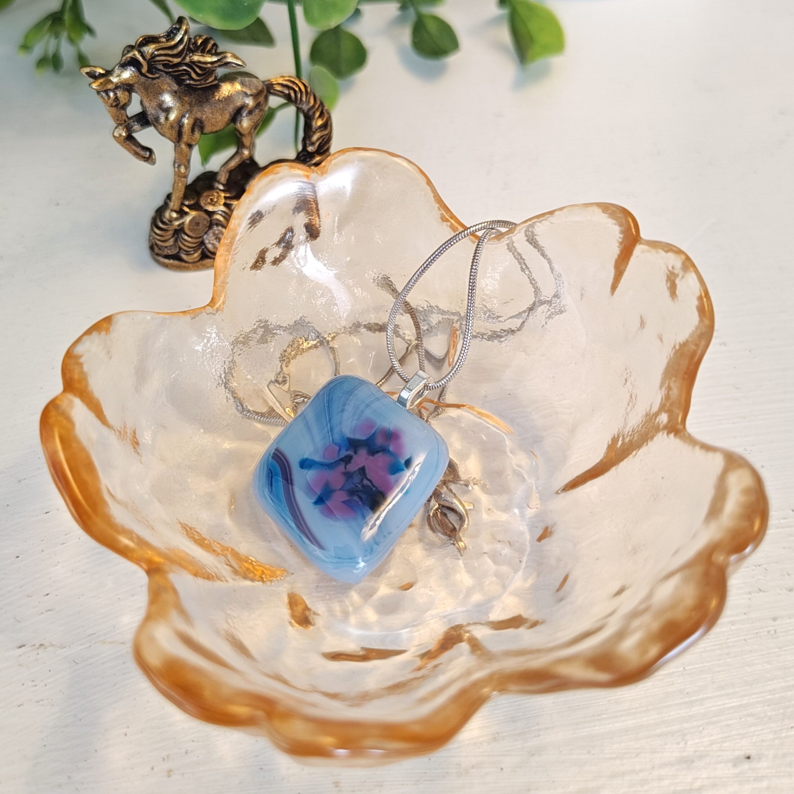 Swirled purple & blue artisan handmade pendant necklace, one of a kind fused glass jewelry - Image 3