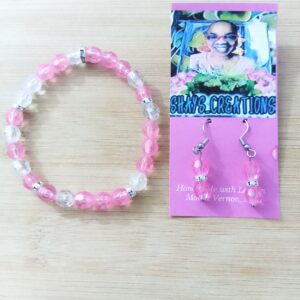 Handmade Pink & Clear beaded earring and Bracelet Set.