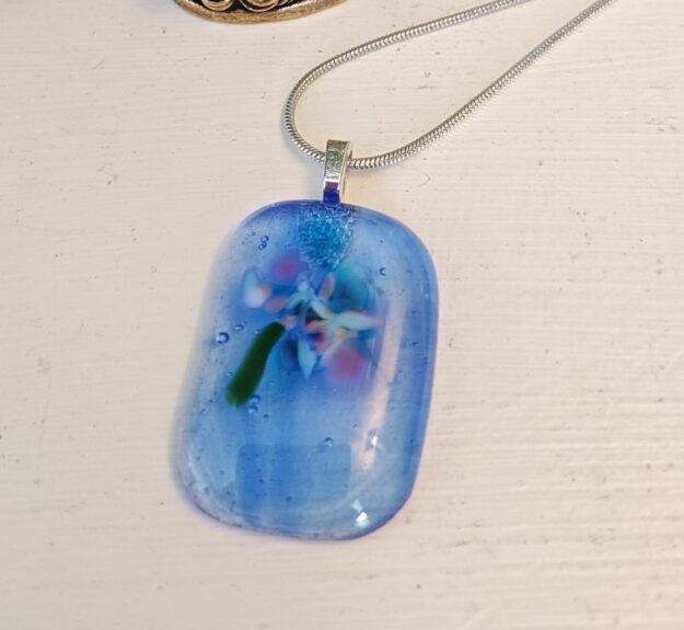 Translucent blue with blue, purple white abstract flower, Artisan fused glass jewelry