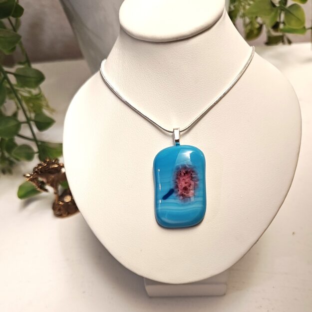 Handmade Sky Blue and Abstract Pink Flower Pendant Necklace, Unique artisan Jewelry