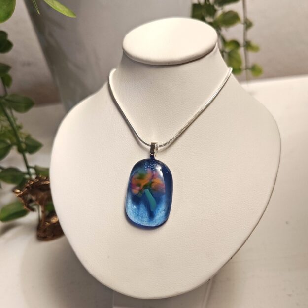 Blue with pink and orange abstract flower pendant necklace, artisan one of a kind handmade jewelry