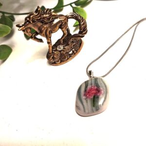Sparkly green pink and white abstract flower pendant, Unique artisan handmade jewelry