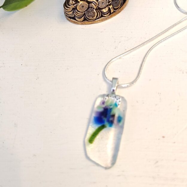 Abstract blue, purple and cream flower wearable art pendant necklace, One of a kind handmade jewelry