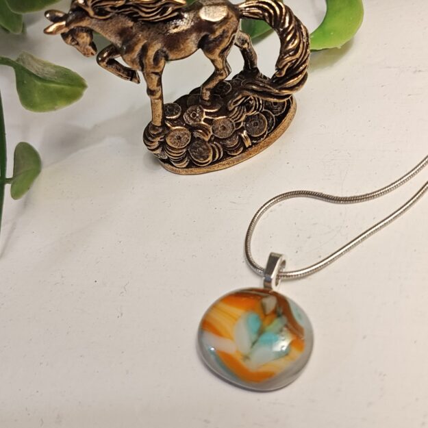 Southwest style one of a kind fused glass pendant necklace, Orange, turquoise and brown artisan handmade jewelry