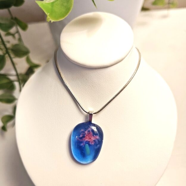 Blue with abstract pink flower pendant necklace, handmade one of a kind jewelry