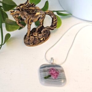 Sparkly green and pink abstract flower pendant necklace, handcrafted one of a kind artisan jewelry