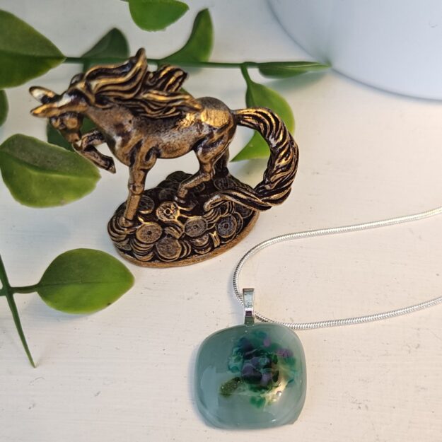 Green purple and blue abstract floral pendant necklace, Unique artisan handmade jewelry