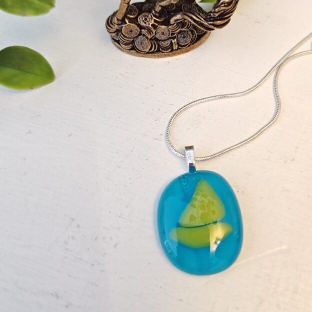 Bright blue and chartreuse handmade abstract sailboat pendant necklace, Artisan one of a kind jewelry