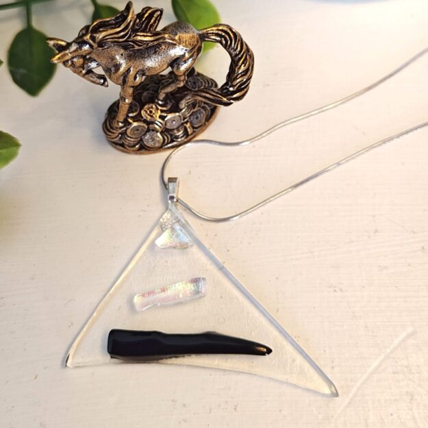 Abstract melting pyramid triangle with iridescent and black pendant necklace, one of a kind textured jewelry