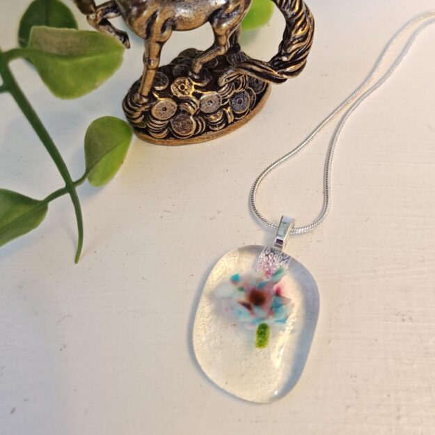 Casual clear with light blue purple and white abstract flower pendant necklace, One of a kind handmade jewelry