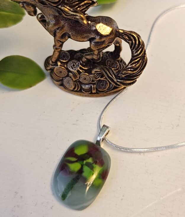 Fused Glass Flower Pendant Necklace, Green Chartreuse and Burgundy Handmade Jewelry