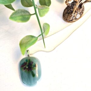 Green with burgundy & lime green abstract flower pendant necklace, One of a kind handmade casual jewelry