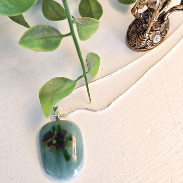 Green with burgundy & green flower pendant necklace, One of a kind fused glass jewelry