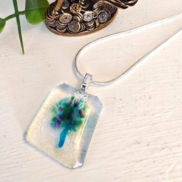 Iridescent clear purple green and blue asymmetrical pendant necklace, One of a kind artisan handmade jewelry