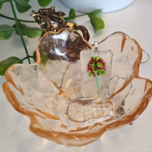 Iridescent lime green and burgundy red flower asymmetrical pendant necklace, One of a kind artisan handmade jewelry