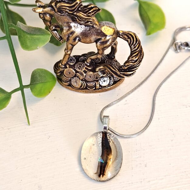 Clear with black and iridescent dichroic features pendant necklace, Unique artisan handmade jewelry