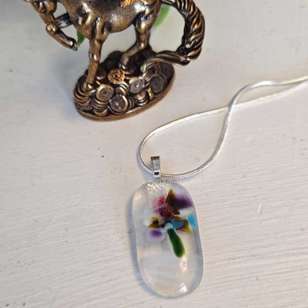 Fused Glass Purple, Pink & Blue Flower Pendant Necklace, One of a Kind Artisan Jewelry