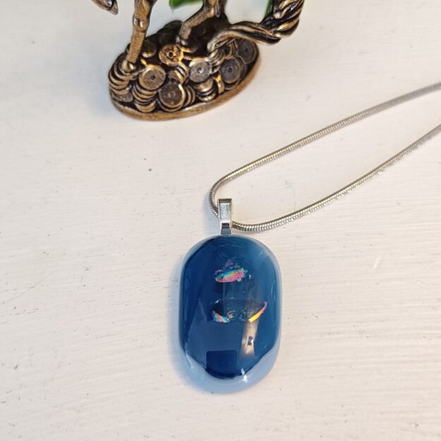 Blue and iridescent dichroic oval pendant necklace, Unique abstract artisan handmade jewelry