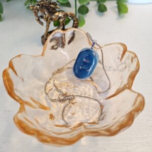 Blue and iridescent dichroic oval pendant necklace, Unique handmade artisan jewelry