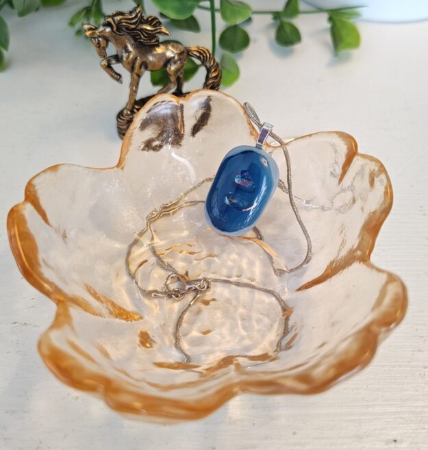 Blue and iridescent dichroic oval pendant necklace, Handmade artisan fused glass jewelry