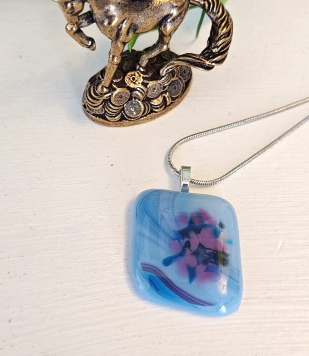 Swirled purple & blue artisan handmade pendant necklace, one of a kind fused glass jewelry