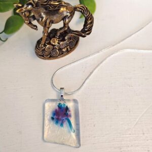 Iridescent clear blue & purple pendant necklace, handmade one of a kind fused glass jewelry