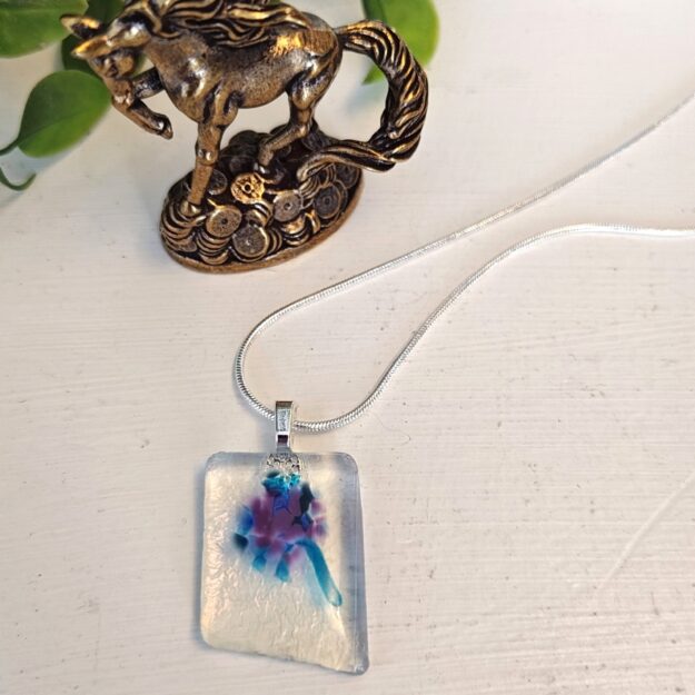 Iridescent clear blue & purple pendant necklace, handmade one of a kind fused glass jewelry