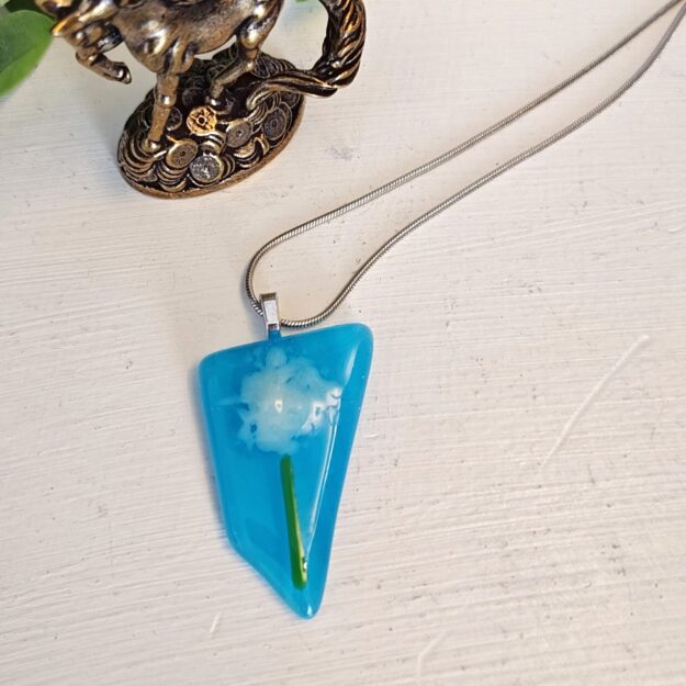 Bright blue asymmetrical abstract flower pendant necklace, Unique artisan handmade jewelry