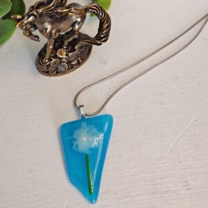 Bright blue asymmetrical abstract flower fused glass pendant necklace, One of a kind handmade jewelry